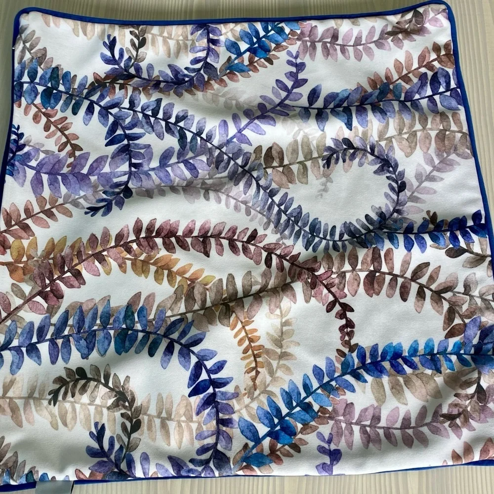 Castilla Textil Botanical Pillow Cover Blues Pinks Browns on Cream Navy Piping